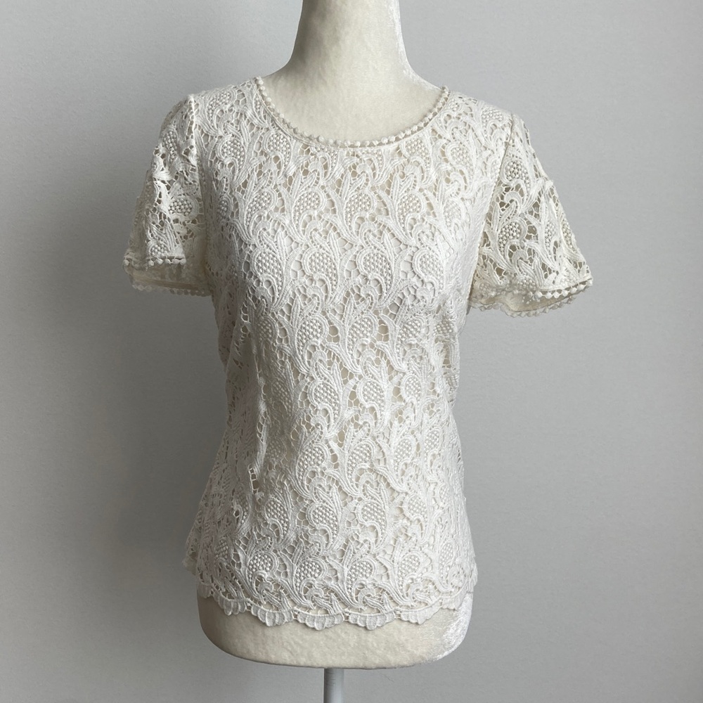Talbots 100% Cotton Heavy Lace Top w/ Detailed Trim